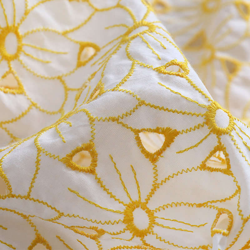 قماش دانتيل مطرز 100% قطن أصفر - مراجعة Sewing Eyelet Fabric وسعره